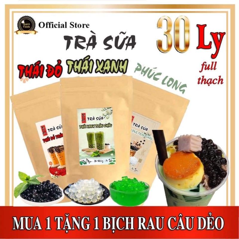 (Mua 1 tặng 1) Set trà sữa trân châu Phúc Long, thái xanh, thái đỏ 30 - 35 ly nhiều thạch - tặng rau câu