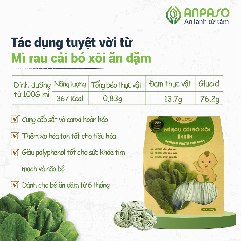 Mì Ăn Dặm Cho Bé Cải Bó Xôi Hữu Cơ Organic Anpaso, BLW, kiểu Nhật từ 7 tháng bổ sung chất xơ, cải thiện táo bón 120g