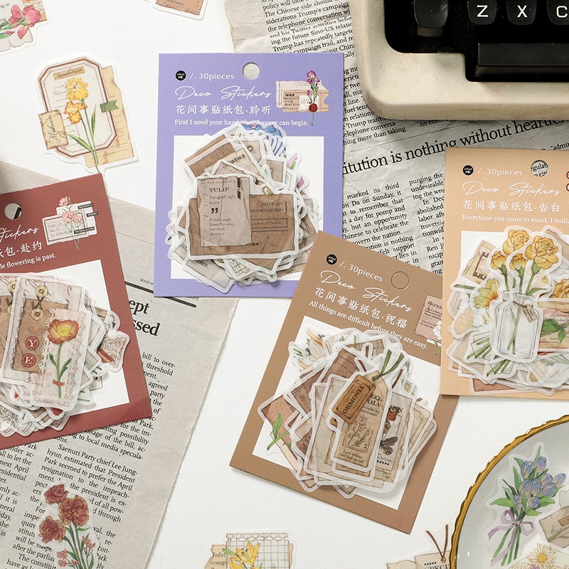 Túi 30 chiếc sticker vintage hoa cổ điển màu nâu nhạt trang trí bullet journal, quà tặng, sổ
