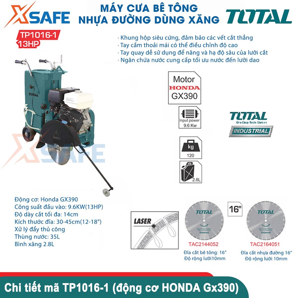Máy cưa cắt bê tông nhựa đường TOTAL 2 phiên bản động cơ HONDA Gx390 và TOTAL, công suất 9.6KW(13HP), khả năng cắt sâu