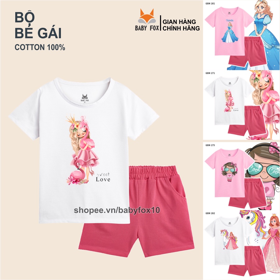 Bộ thun bé gái 100% cotton loại tốt, thương hiệu BABY FOX, in hình công chúa, size nhỏ, trung, đại e
