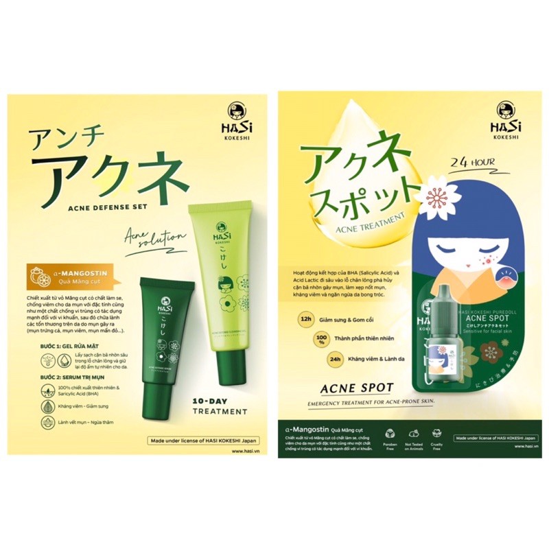 Combo Dưỡng cho da mụn Hasi Kokeshi Japan [Set: Gel rửa mặt 30ml-Serum 10ml + Chấm mụn 5ml]