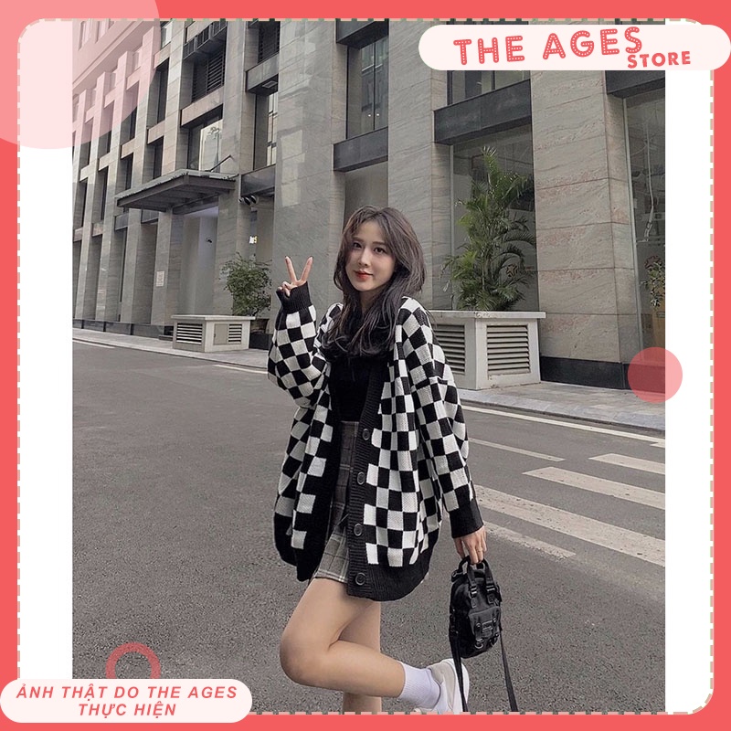 Áo cardigan len dày họa tiết sọc caro, Áo khoác len nữ form rộng 100% được may từ len mềm mịn, dày dặn THE AGES | BigBuy360 - bigbuy360.vn