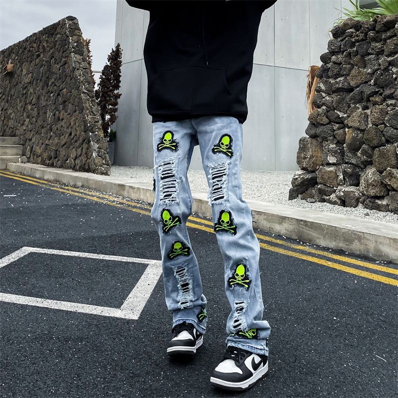 Quần jeans dài thêu họa tiết đầu lâu cá tính cho nam và nữ