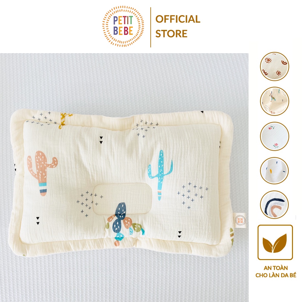 Gối lõm chống bẹp đầu chữ nhật họa tiết thiên nhiên PETIT BEBE muslin thấm hút thoáng khí cho bé từ 3 tháng tuổi