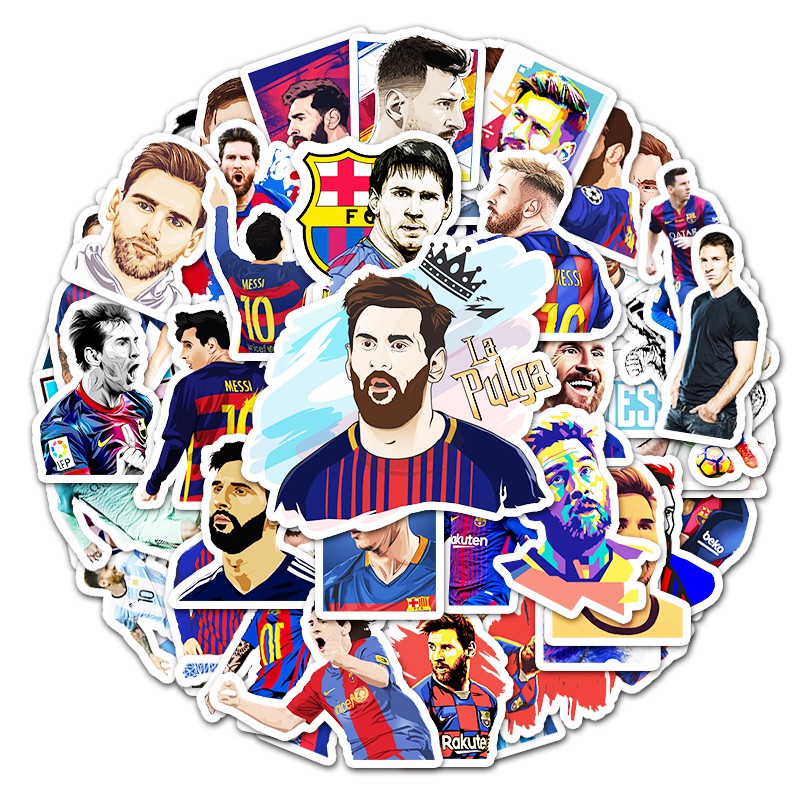 Bộ 50 miếng dán hình cầu thủ Messi chất liệu vinyl chống thấm nước dùng trang trí