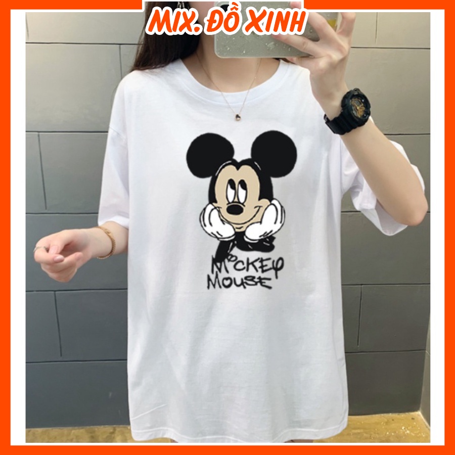 Áo thun form rộng áo phông tay lỡ Thu Hà chất liệu thoáng mát in hình Chuột Mickey Mouse