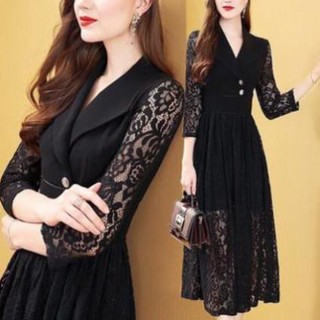 Đầm Ren Xoè Cổ Vest - Váy Công Sở, Dự Tiệc Dáng Dài Thun Nhập Phối Ren Cao Cấp Thanh Lịch 🎁 ༷