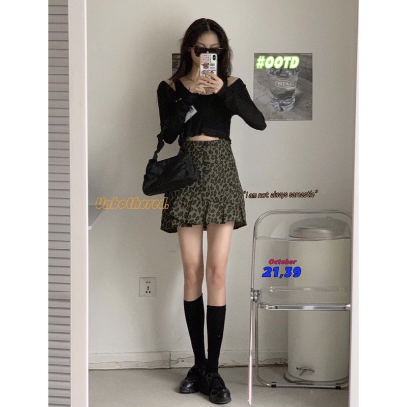 Set áo croptop cutout + chân váy hoạ tiết da báo xếp ly đuôi cá [Yannie]