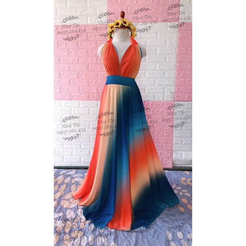 (miễn phí chỉnh váy) đầm maxi màu loang yếm hai dây cột nơ đi biển du lịch chụp hình sống ảo mix nhiều màu cầu vồng | BigBuy360 - bigbuy360.vn