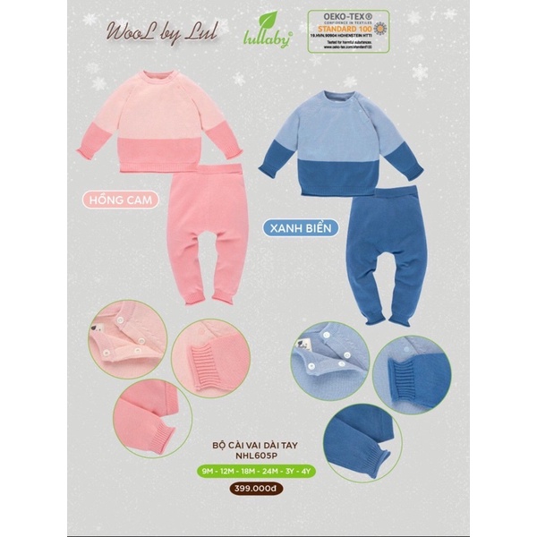 Bộ len cài vai dài tay Lullaby NHL605P/NHL318M bé trai,bé gái (9m-4y)