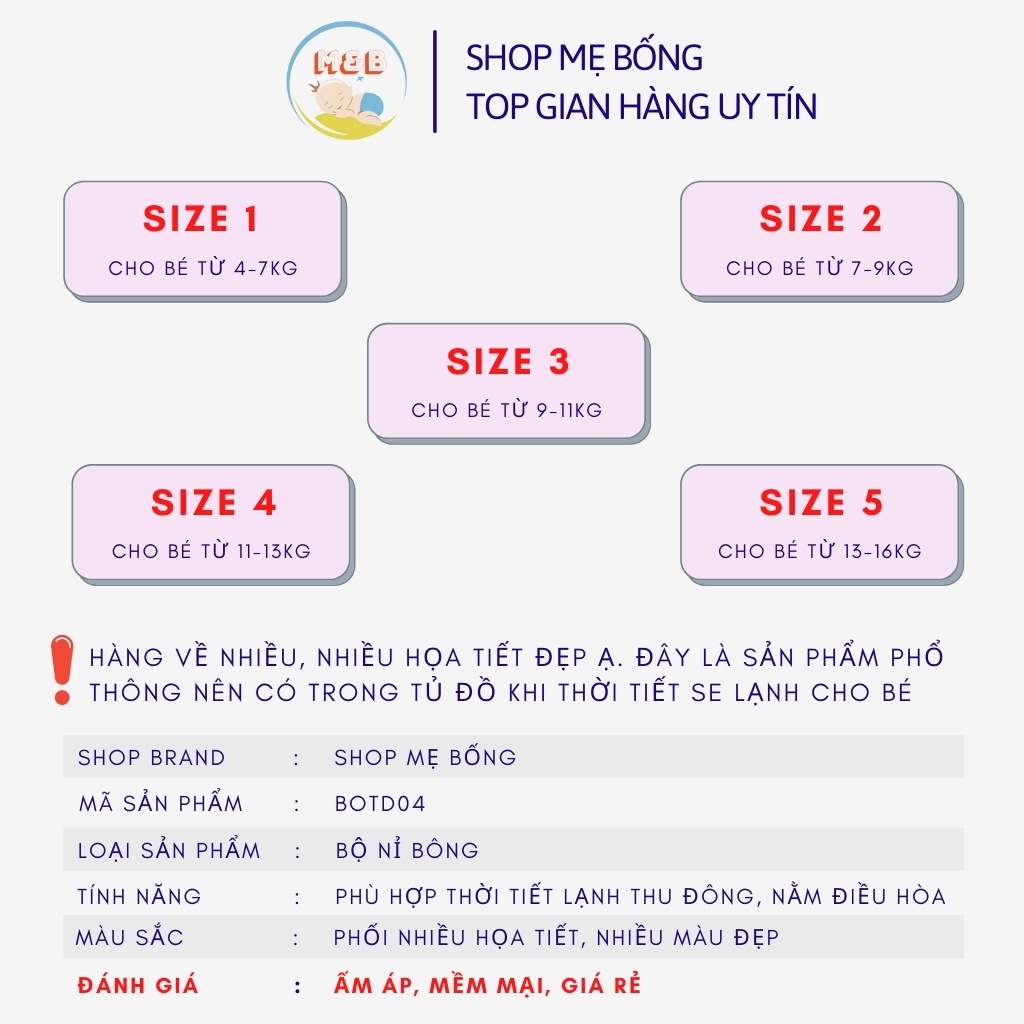 Bộ nỉ bông lót lông thu đông cho bé trai gái quần áo sơ sinh mùa đông mềm ấm từ 4-16kg - BOTD04