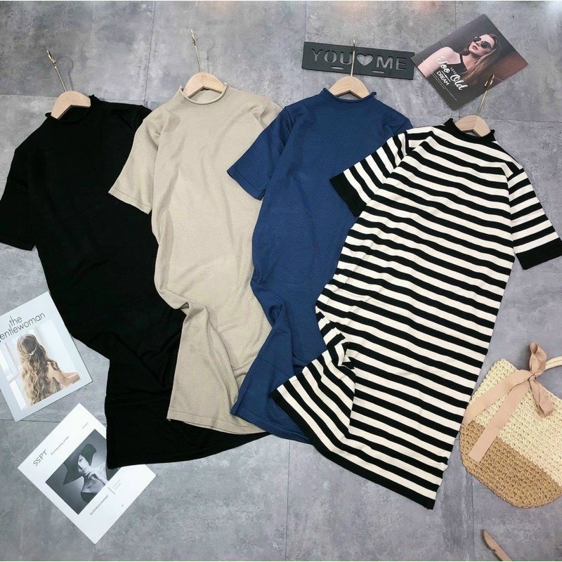 váy len tăm hàng dáng suông dài qua gối, đầm len form rộng cộc tay hàng Quảng Châu nhiều màu MINXY SHOP