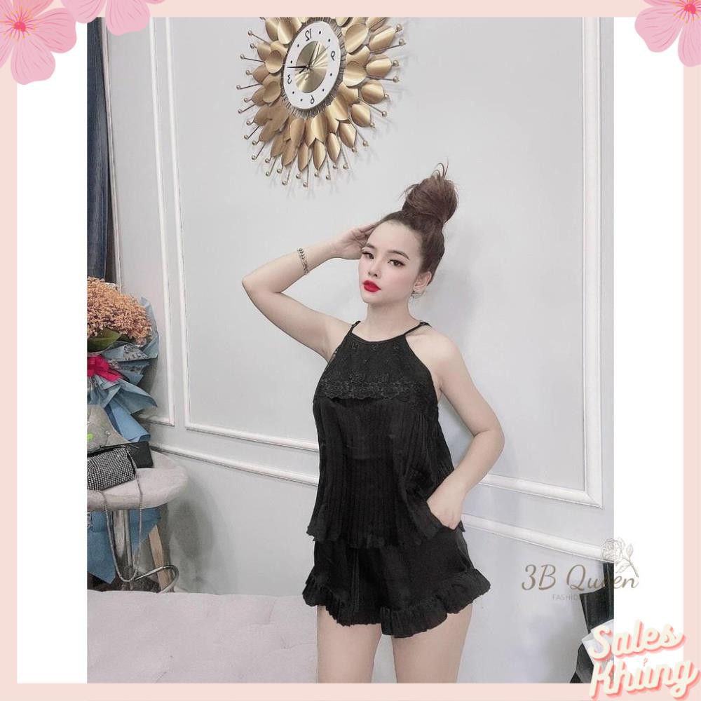 Bộ ngủ Áo yếm 2 dây dập ly phối ren, chất liệu lụa satin cao cấp, kèm quần bèo gợi cảm