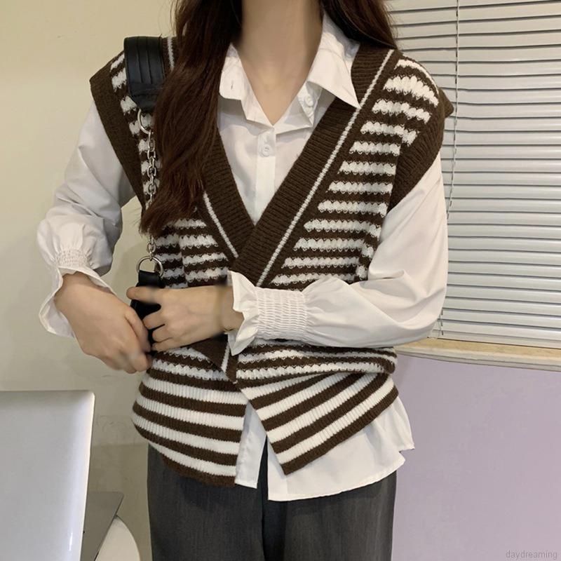 Áo khoác cardigan không tay cổ chữ v họa tiết kẻ sọc phong cách retro