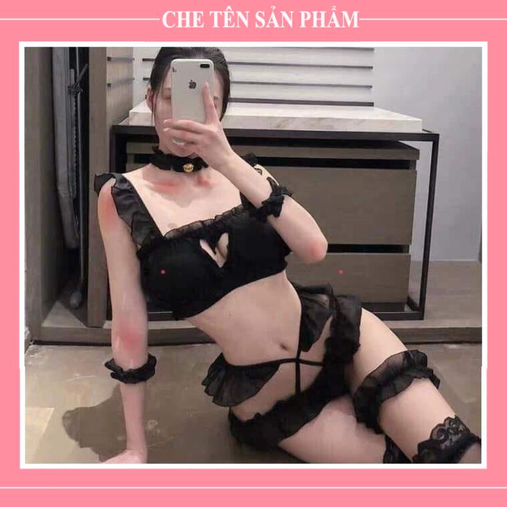 Bộ Đồ Ngủ Nữ Sexy Cosplay Nàng Lolita Siêu Quến Rũ, Đồ Lót Ren Chất Voan Cát Cao Cấp Đủ Phụ Kiện - Bikini LoX