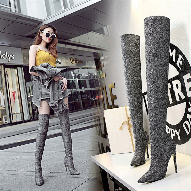 2021 mới gợi cảm mũi nhọn gót skinny ống dài kéo giày bốt phụ nữ thời trang đính sequined siêu cao trên đầu gối