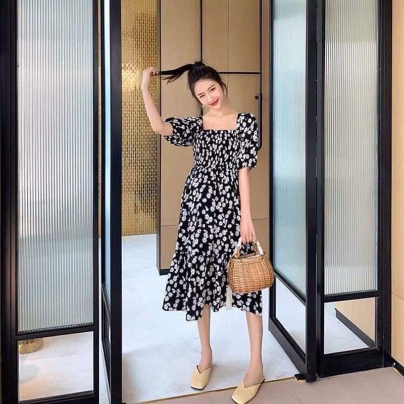 Váy hoa cúc chun ngực tay phồng HS6