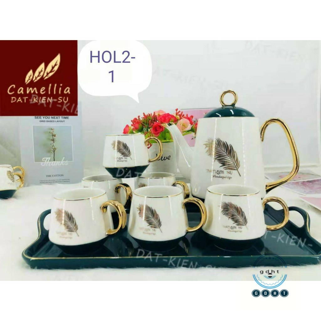 BỘ BÌNH CỐC LONG ZIN H0L KÈM KHAY SỨ XƯƠNG KOREA VIỀN VÀNG CAO CẤP