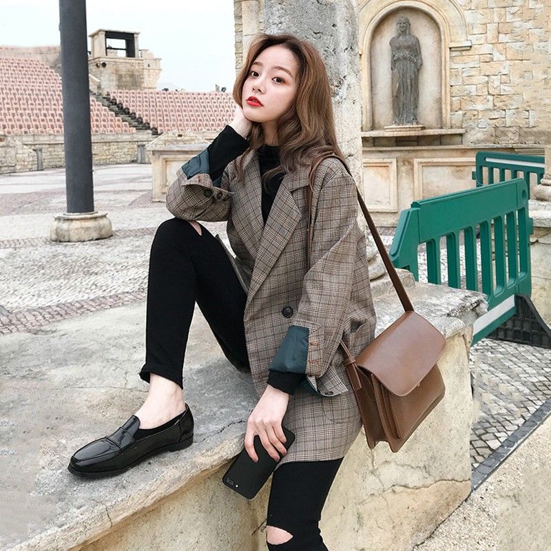 Áo khoác HoundstoothÁo khoác vest dáng rộng kẻ sọc kiểu Retro Hàn Quốc thời trang xuân thu cho nữ
