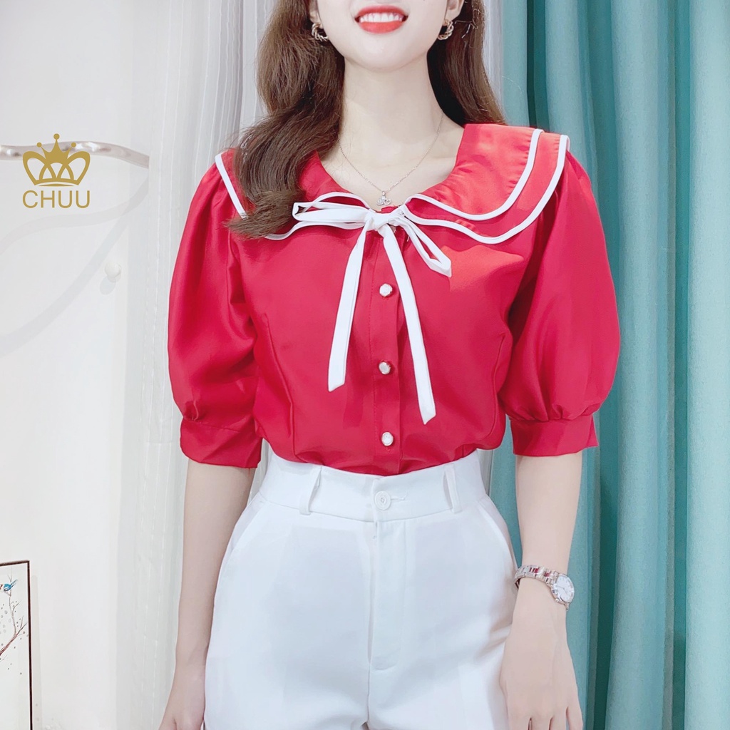 Áo sơ mi công sở nữ cổ bèo 2 tầng tay phồng CHUU A6747