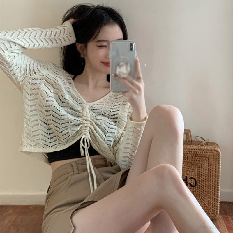 Áo Croptop Dệt Kim Chống Nắng Phối Dây Rút Phong Cách Hàn Quốc Cho Nữ