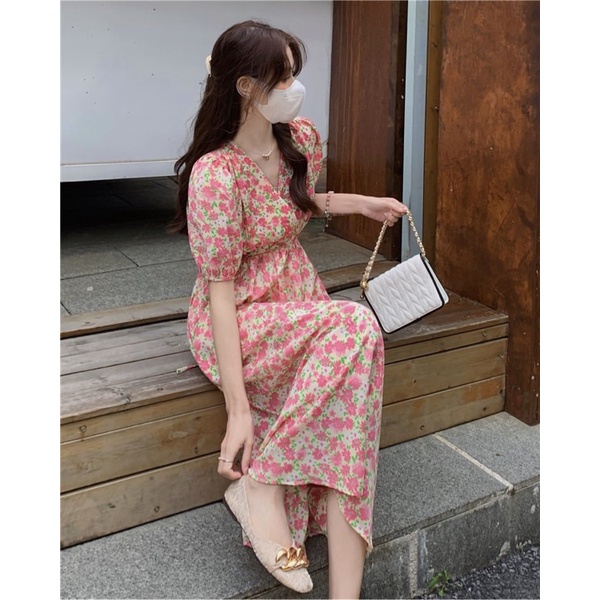Váy hoa nhí cổ chéo rút eo dáng dài vintage Ulzzang style 🌸 Hàng Quảng Châu