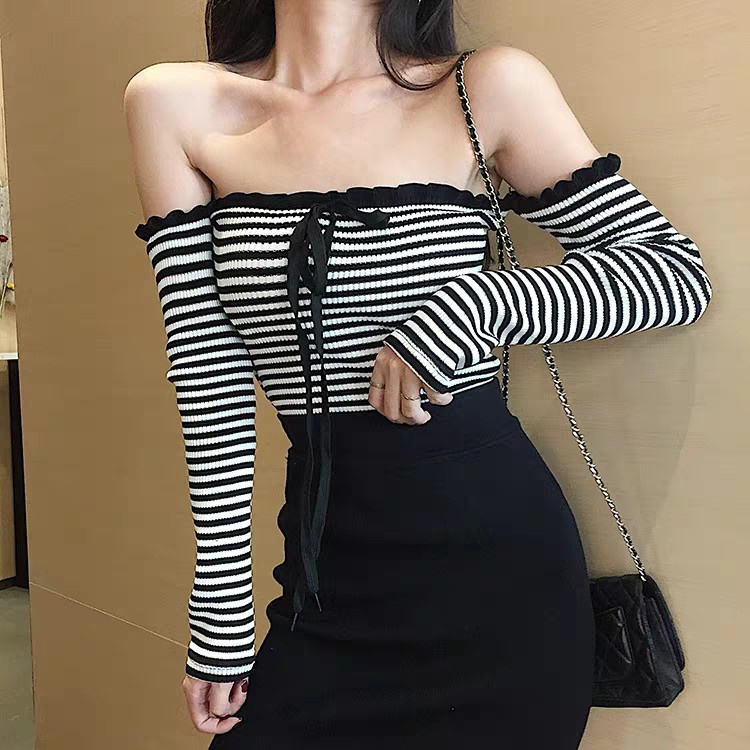 SET ÁO TRỄ VAI KẺ MIX CHÂN VÁY MIDI LEN TĂM