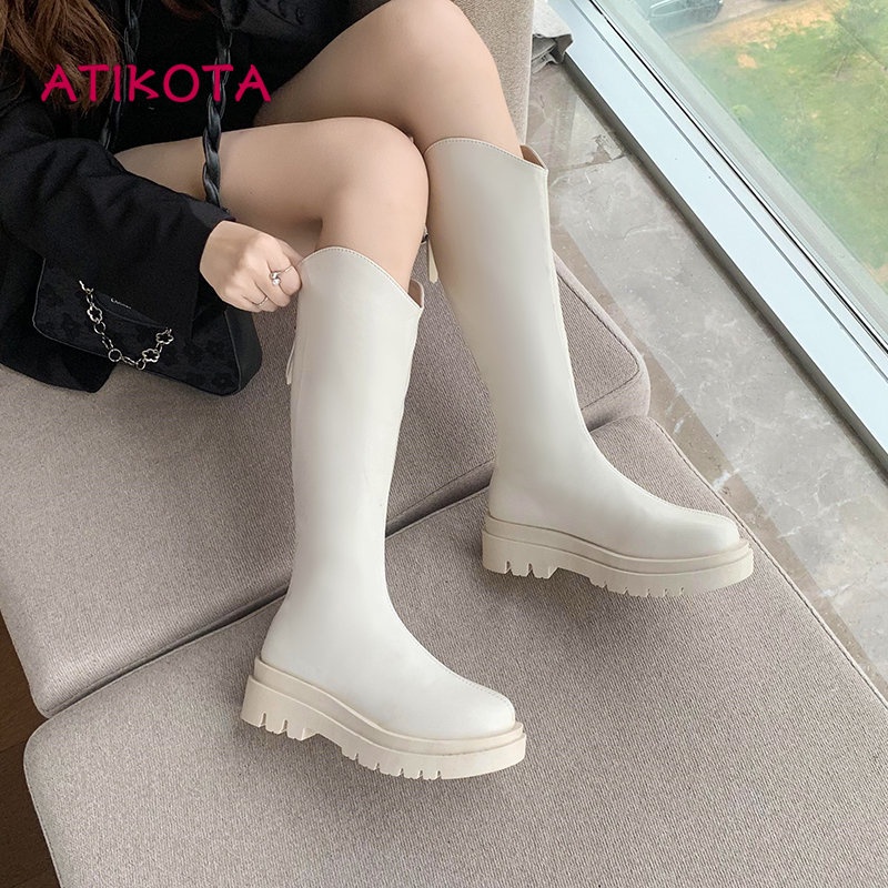 Atikota Giày Bốt Cổ Cao Qua Gối Gót Dày Dặn Thoải Mái Phối Khóa Kéo Thời Trang Cho Nữ