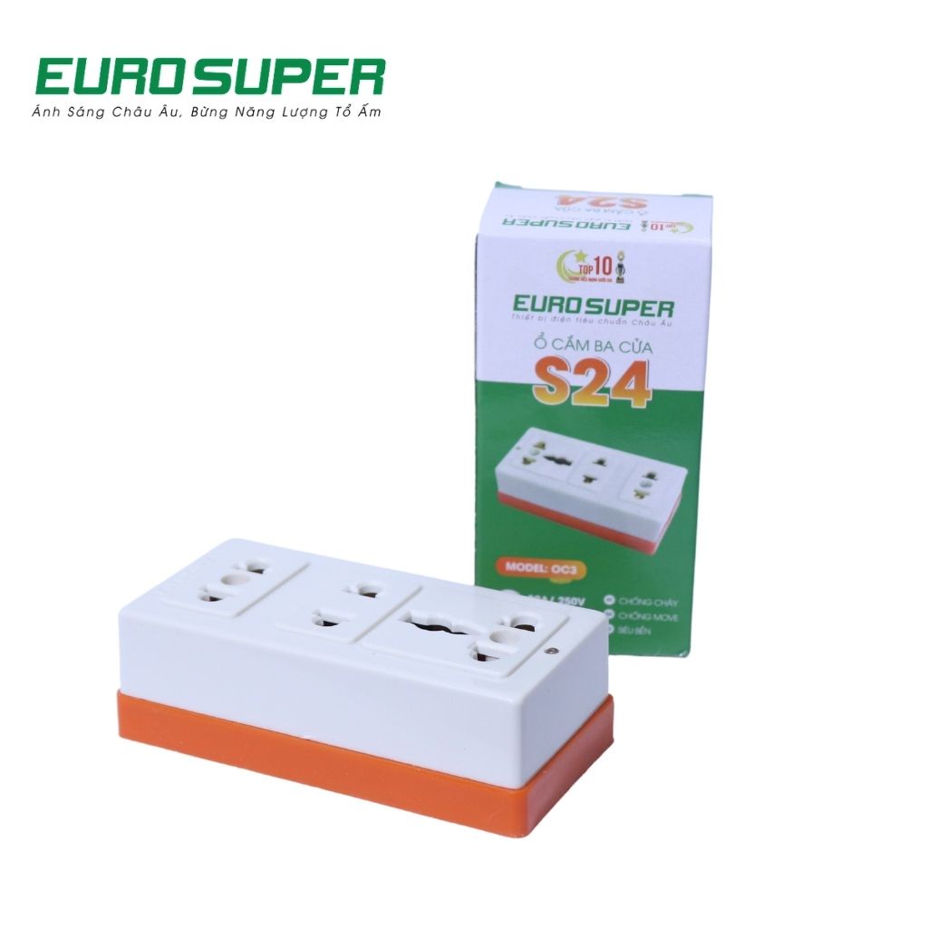 Ổ Cắm Điện Đa Năng EUROSUPER Chống Giật, Siêu Chịu Tải Thiết Kế 3 Cửa S24 Đế Cam C13E