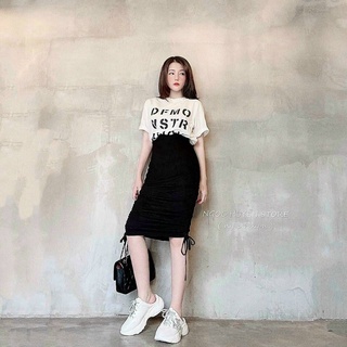 Set áo thun mix chân váy rút dây