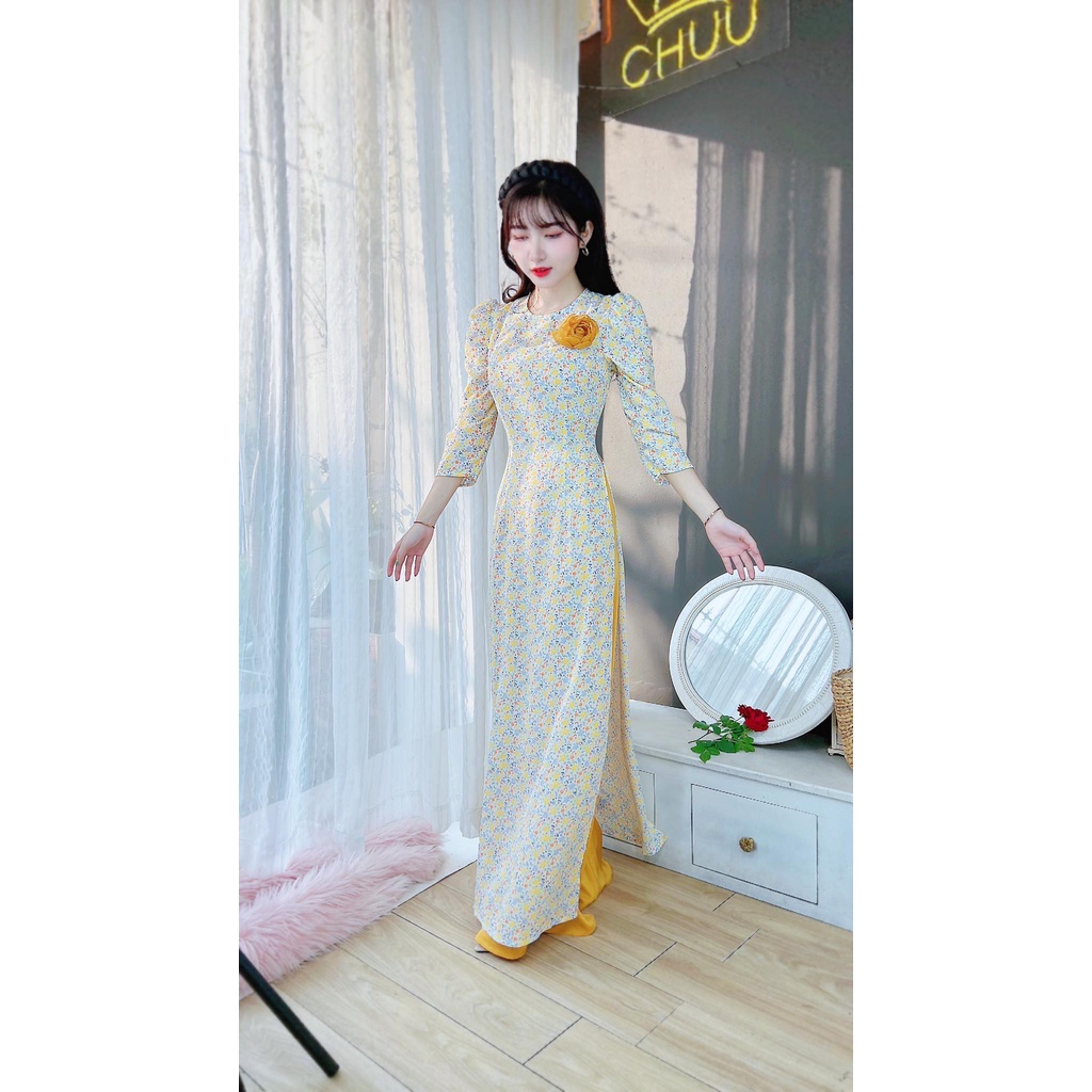 Áo dài nữ cách tân hoa nhí tay phồng không kèm quần CHUU AD8041