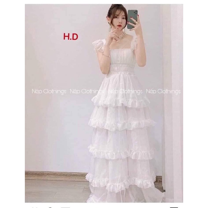 Váy đầm trắng maxi dự tiệc sang trọng xòe công chúa xếp tầng vai bèo cánh tiên-  zadola fashion