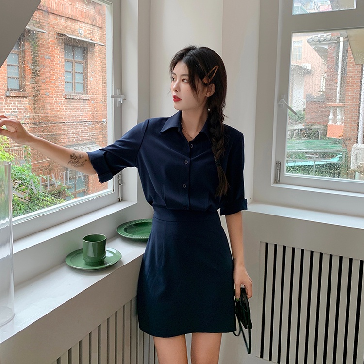 ZHELIHANGFEI Đầm Sơ Mi Giả Hai Mảnh Thiết Kế Nhấn Eo Thời Trang Dễ Phối Đồ