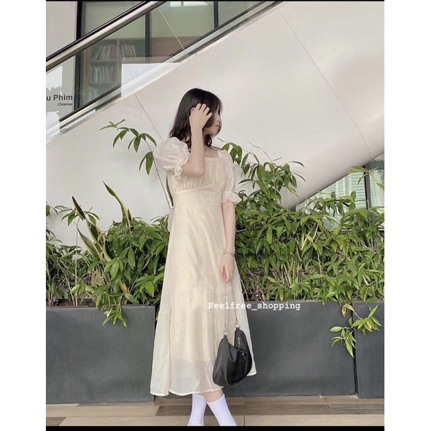 Đầm Be Cổ Vuông 2 Lớp Tay Phồng Ngắn Thắt Nơ Eo Mặc Đi Tiệc, Đi Chơi, Kỷ Yếu (Hình Thật) D012