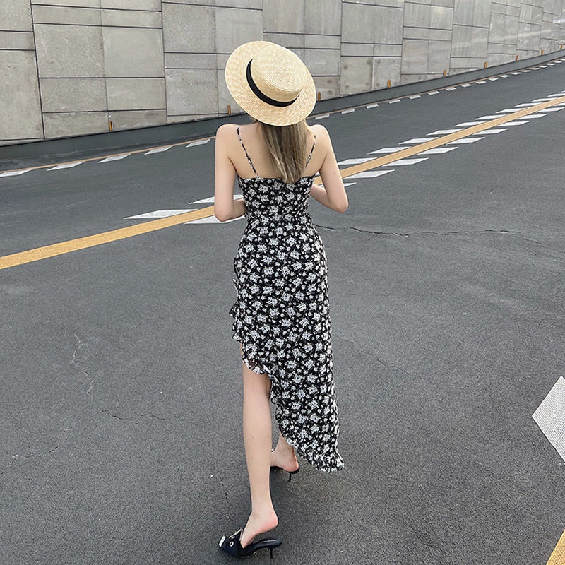 Đầm Hai Dây Eo Cao In Hoa Phong Cách retro Thời Trang Hàn Quốc