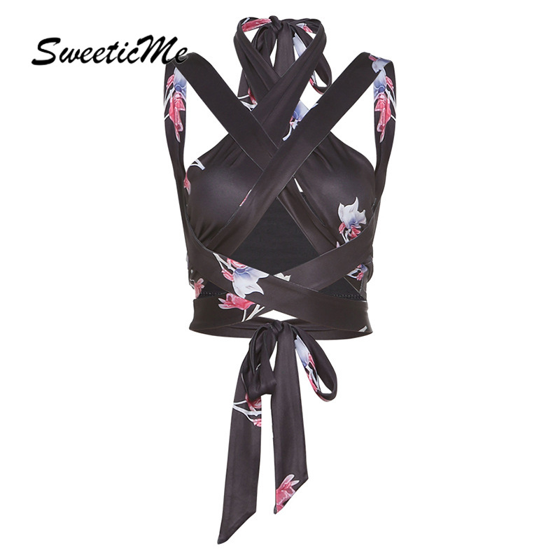 SweeticMe Women Tank Top Fashion Flower Printing Sexy Backless Slim Fit Casual Streetwear Camisole
