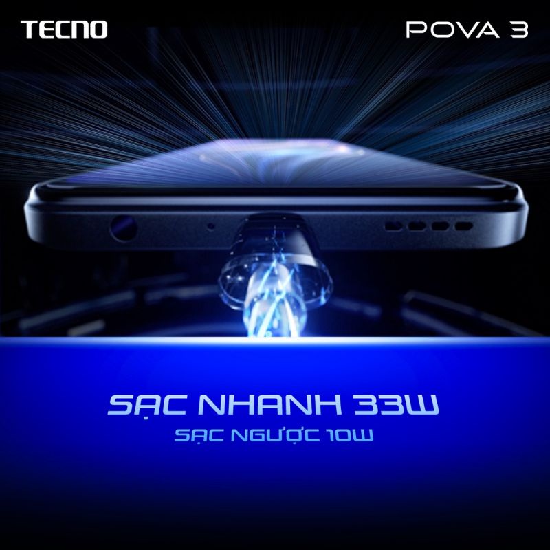 Điện thoại Gaming Tecno POVA 3 /128GB-Helio G88|7000 mAh|Sạc nhanh 33W-Chính hãng