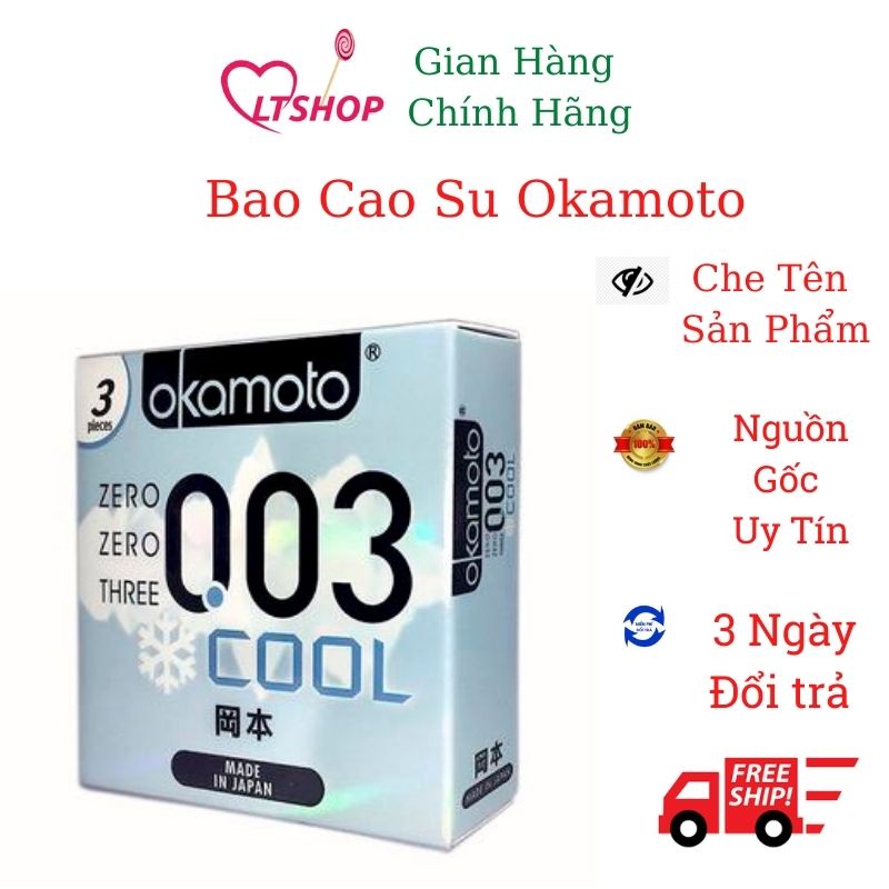 Bao Cao Su  Okamoto 0.03 Cool   kéo dài siêu mỏng, bóng láng, mát lạnh Hộp 3 Cái