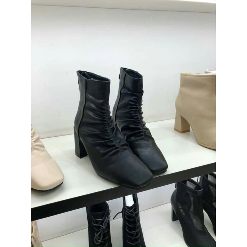 boot gót vuông khối thân dúm hàng hộp hoa đào