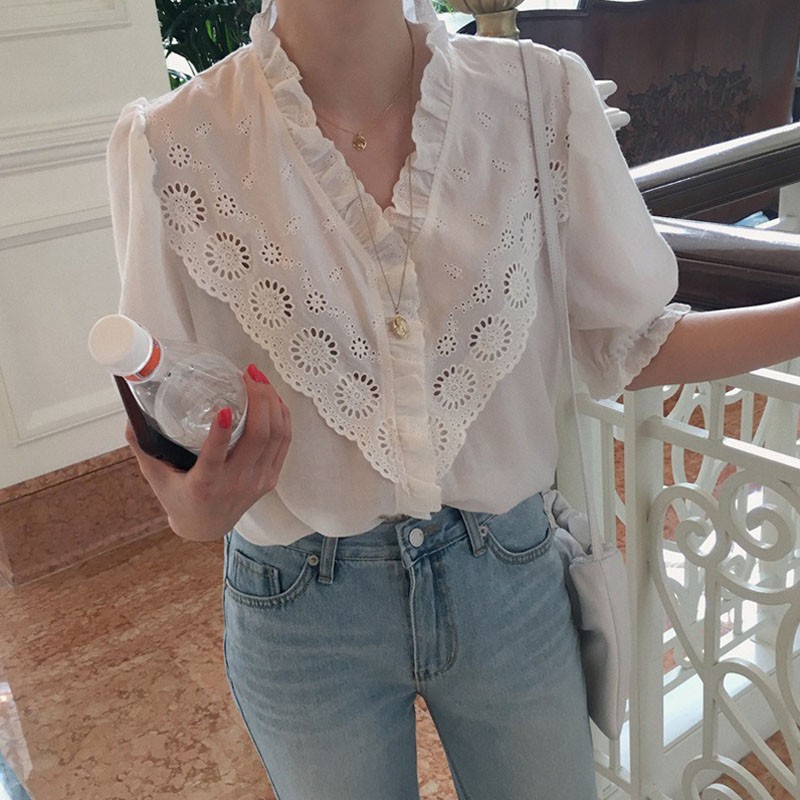 Áo Kiểu Tay Phồng Ngắn Cổ Chữ V Phối Bèo Phong Cách Retro Hàn Quốc
