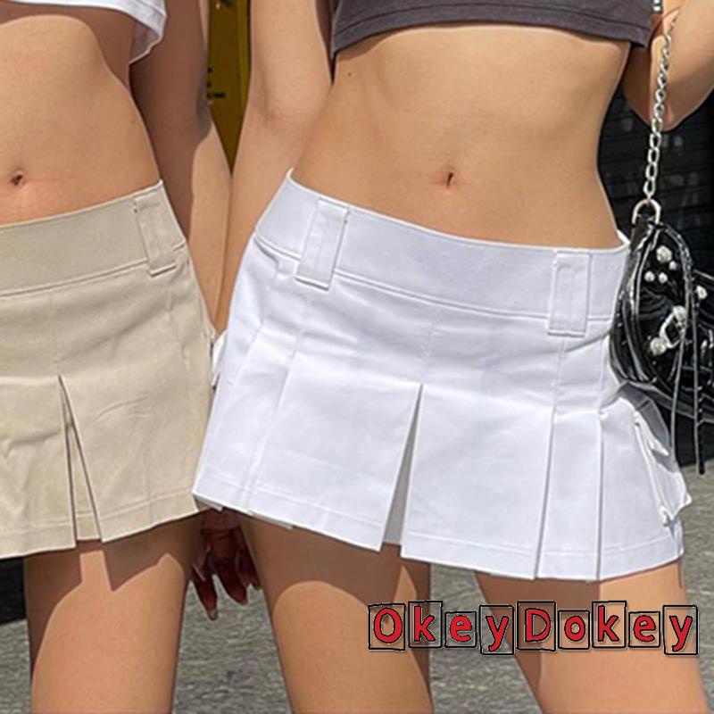 Chân Váy Chữ A Mini Xếp Ly Màu Trơn Phối Túi Y2K Lưng Thấp Gợi Cảm Cho Nữ