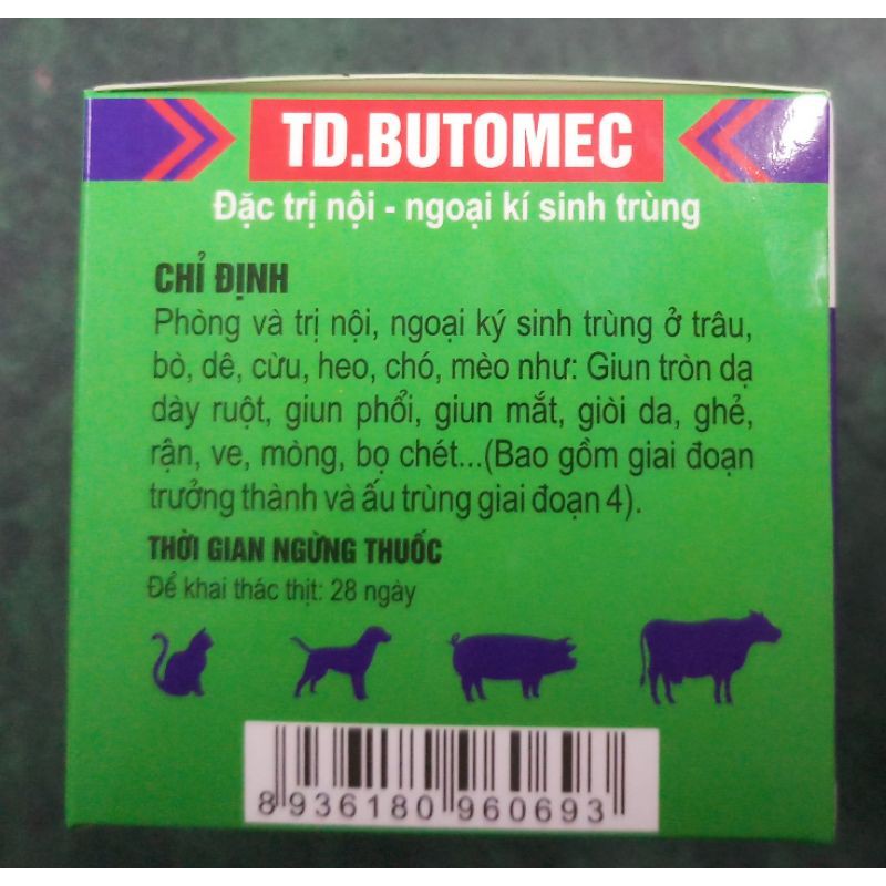 TD Butomec lọ 10ml nội ngoại kí sinh trùng, sử dụng trên sống lưng