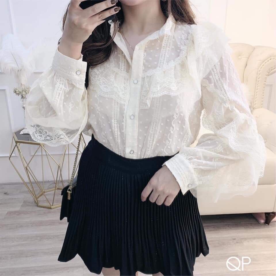Sơ mi dài tay phối ren hoa quảng châu SL11 mới