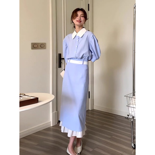 Set áo sơ mi ngắn tay chân váy midi phối bèo