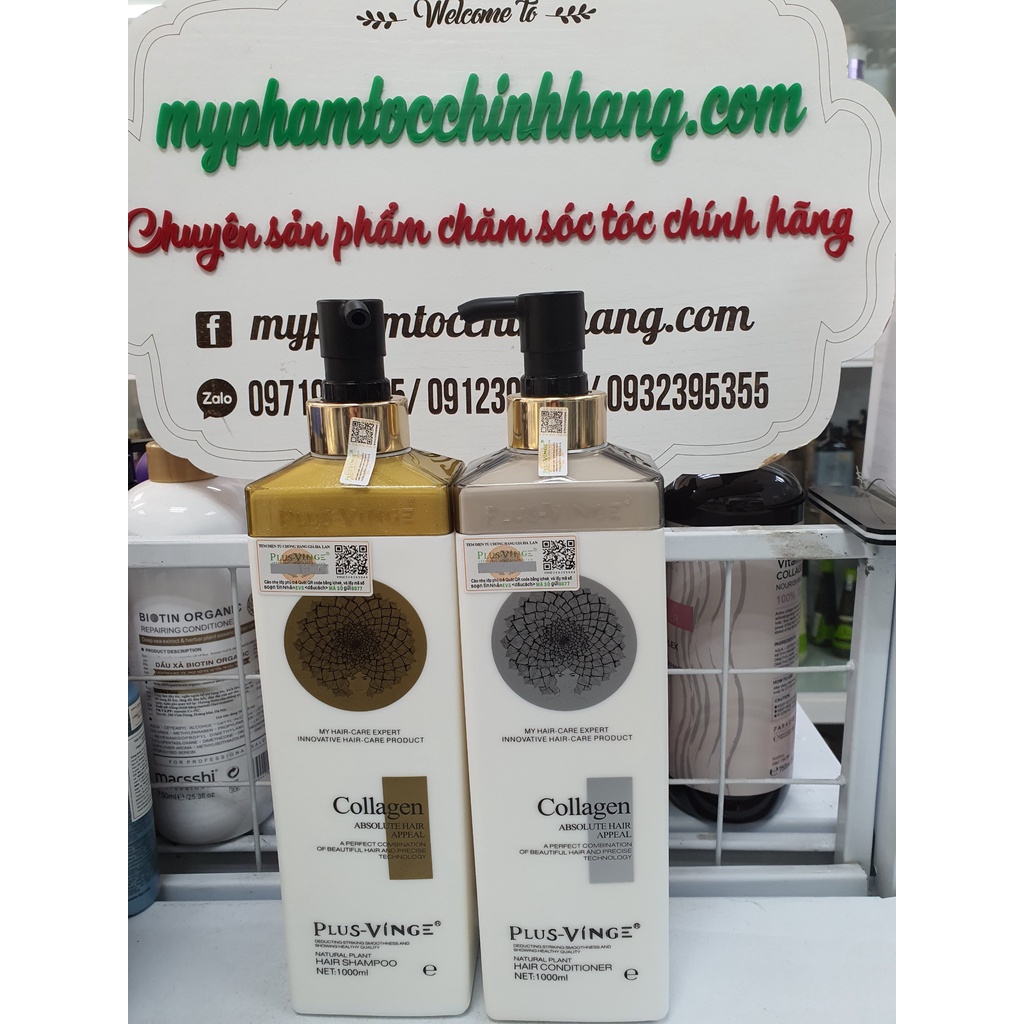 Cặp Dầu Gội Xả Collagen Plus Vinge 1000ML Phục Hồi, Giảm Rụng, Kích mọc tóc
