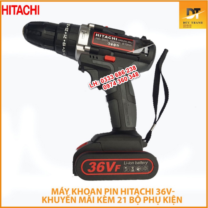 Máy Khoan Pin Cầm Tay Hitachi 36V Có Búa – 2 Pin - Khoan tường, bắn vít – Tặng Bộ Phụ Kiện 24 Chi Tiết