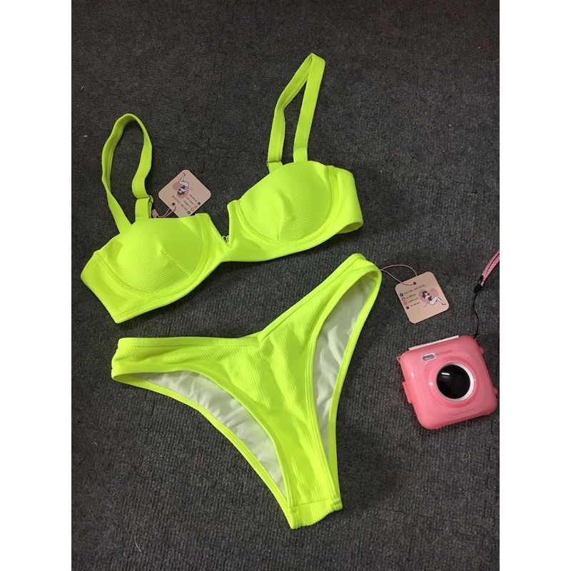 [BKN528] <ÂU> SET BIKINI VẢI GÂN CỔ V HỒNG/XANH NEON/CAM (CÓ GỌNG) | BigBuy360 - bigbuy360.vn
