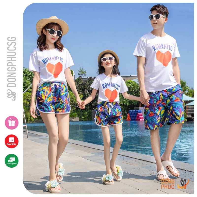 Áo thun đồng phục gia đình đi biển trái tim thun cotton dày dặn màu trắng GD415T DONGPHUCSG