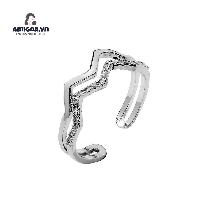 Nhẫn Hai Lớp Họa Tiết Gợn Sóng Đính Đá Zircon Thời Trang Bắt Mắt